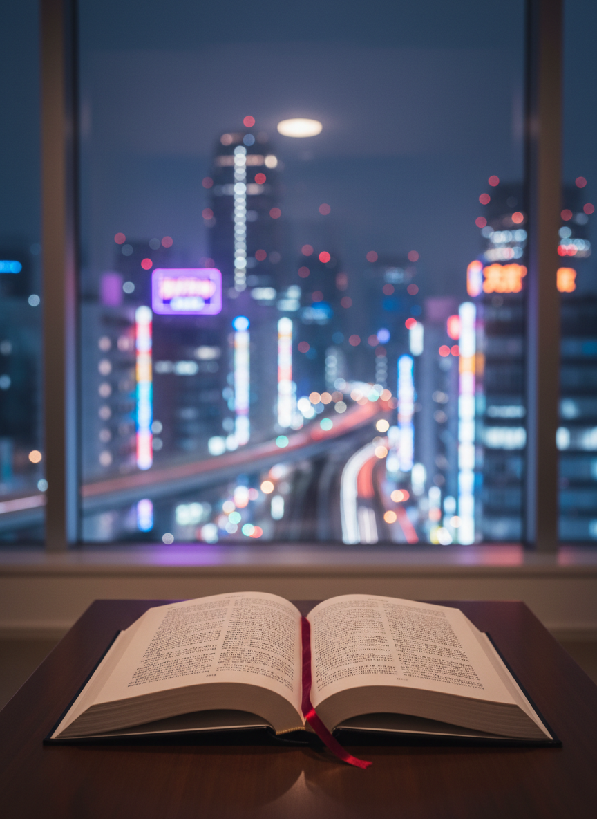 A sleek black hardcover novel lies open on a low, dark-wood table in a minimalist Tokyo apartment, its cream pages filled with dense typeset text and a subtle bookmark ribbon peeking out. Through the floor-to-ceiling window beyond, the Tokyo metropolis glows in soft focus: neon kanji signs, distant high-rises, and a blurred train line weaving through. Cool, diffused evening light from the city mixes with a gentle warm desk lamp, creating a calm, reflective atmosphere. Photographic realism with a shallow depth of field keeps the book in razor-sharp focus at eye level, while the luminous city bokeh suggests desire, mystery, and possibility in a clean, modern composition.