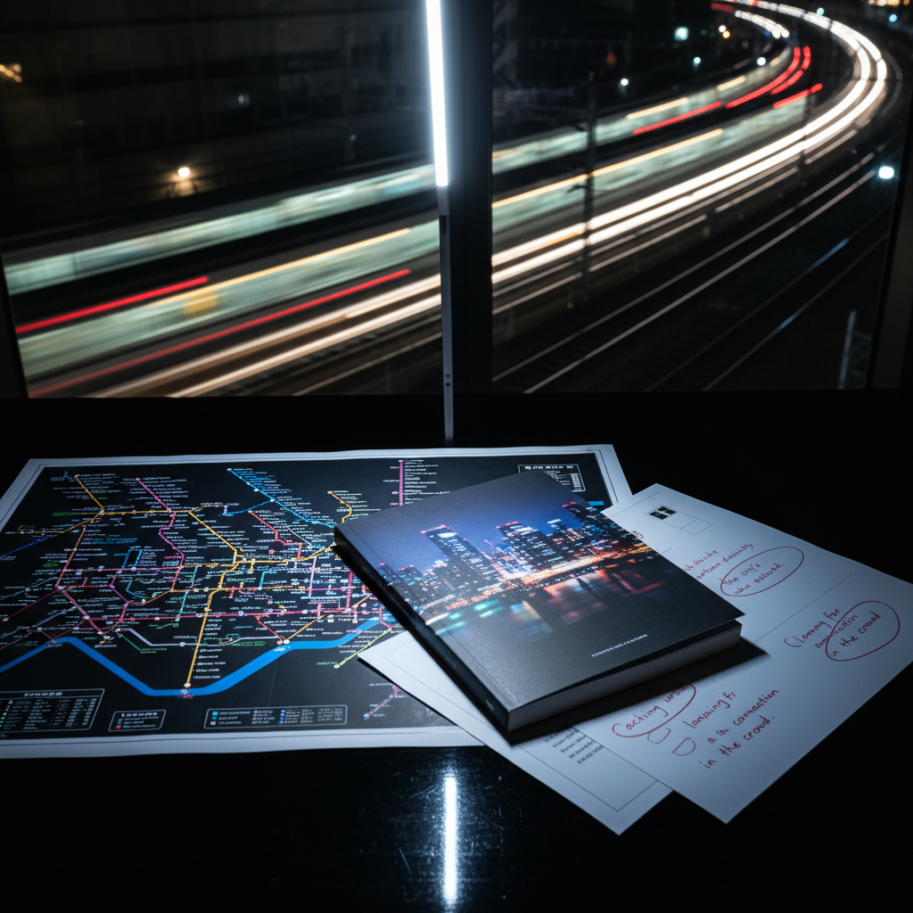 A midnight Tokyo metro map stretches across a glossy black table, its colored lines and station names glowing under a narrow beam of cool white overhead light. On top of the map lies a single, freshly printed book proof with a matte cover depicting an abstract, blurred city of lights. Beside it sit annotated page layouts, red pencil markings circling sentences about longing and urban isolation. In the background, through a large window, out-of-focus train tracks and moving headlights weave like luminous threads. Captured in photographic realism from a slightly oblique angle, with selective focus on the book proof, the scene feels analytical, professional, and quietly charged with narrative desire.