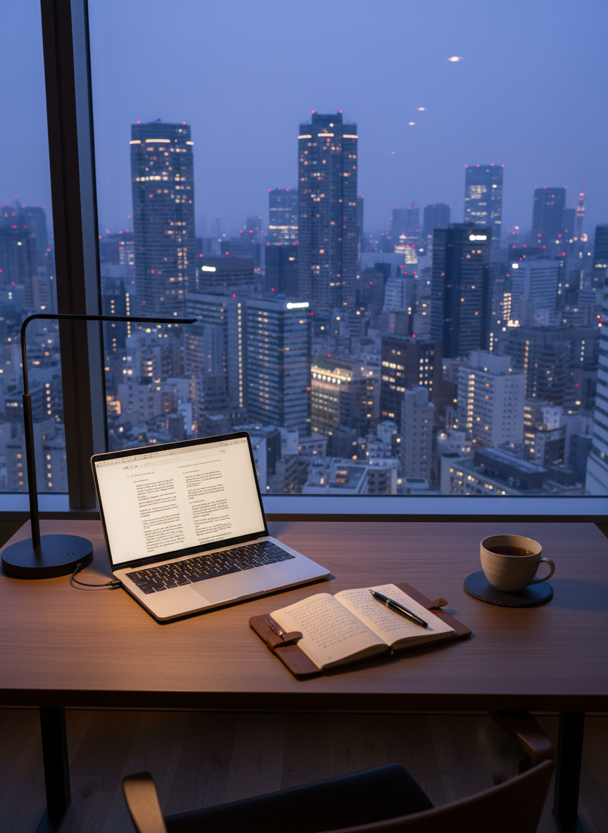 A solitary writing desk faces a wide window overlooking a dense Tokyo skyline at blue hour, skyscraper windows burning with golden light and red aviation beacons dotting the hazy sky. On the desk, an open laptop displays a manuscript page beside a weathered leather-bound notebook and a fountain pen with an obsidian barrel. A half-finished cup of dark tea rests on a slate coaster. The scene is lit mainly by the city’s ambient glow and a single slim desk lamp, casting long, contemplative shadows. Shot from a slightly elevated angle in photographic realism, the composition is balanced and professional, evoking disciplined creativity and the quiet pulse of urban desire.