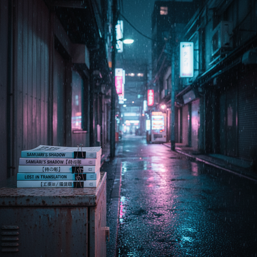 A rain-slicked Tokyo alleyway stretches into the distance at night, framed by tall, shadowy buildings whose neon signs reflect in shimmering puddles on the asphalt. In the foreground, a neatly stacked pile of translated book manuscripts, each bound with black clips and labeled with crisp Japanese and English titles, rests on a metal utility box. Pale magenta and cyan neon light spills across the paper edges, creating subtle gradients. Fine raindrops hang midair in the glow of a distant vending machine. Captured in photographic realism from a low angle using the rule of thirds, the mood is cinematic, moody, and charged with unspoken desire amid the metropolis’ quiet backstreets.