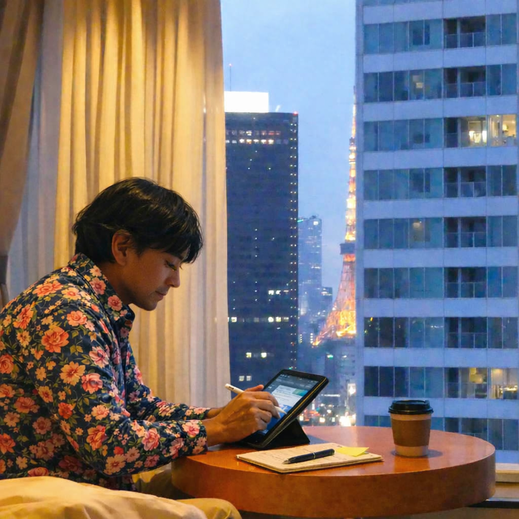 Arindam Paul writes on a tablet at a round table in a high-rise Tokyo hotel room at dusk, Tokyo Tower glowing outside the window behind him.