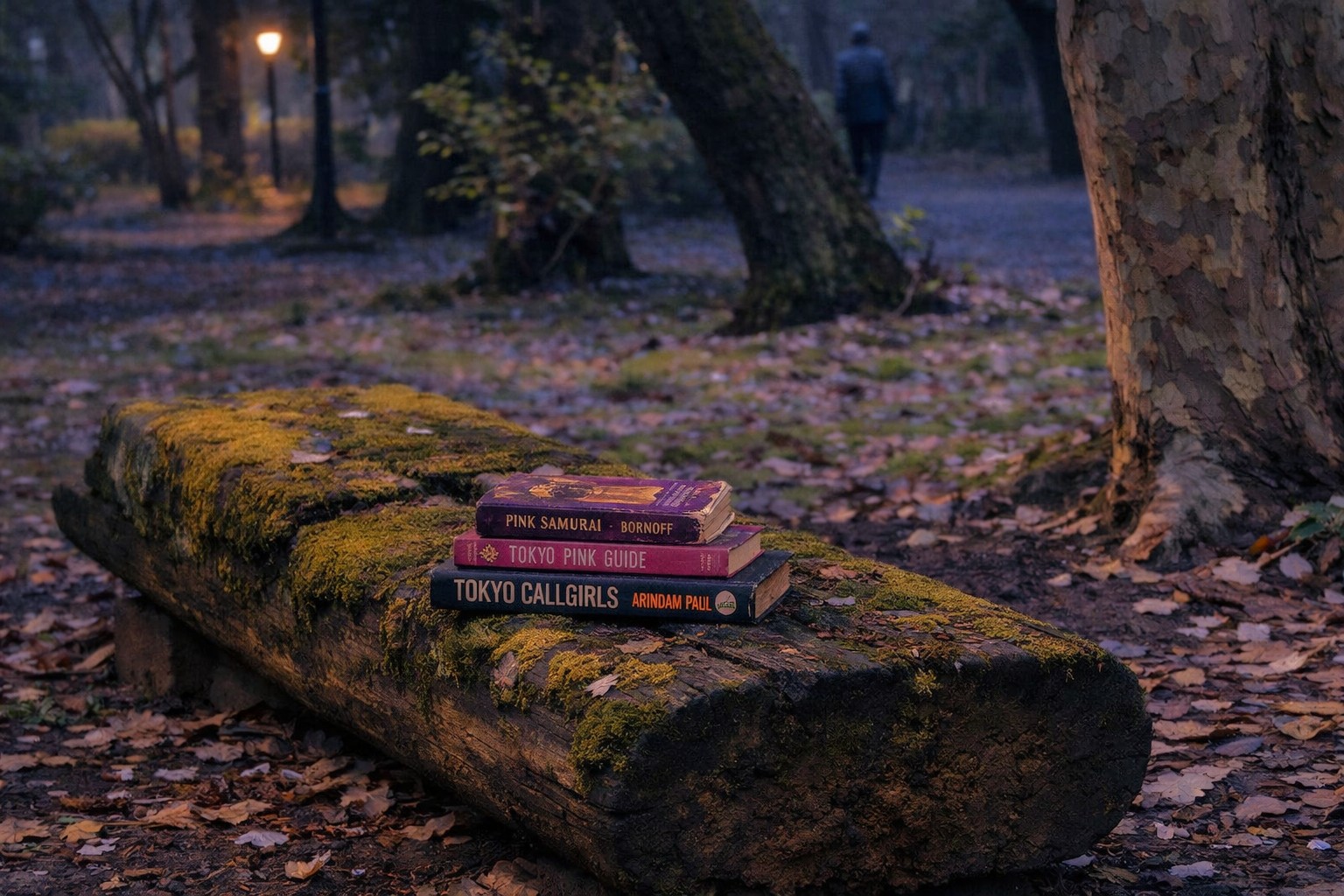 A small stack of Tokyo-themed books, including one titled "Tokyo Callgirls" by Arindam Paul, rests on a moss-covered wooden bench in a quiet park at dusk, with fallen leaves on the ground and a distant lamppost glowing softly.